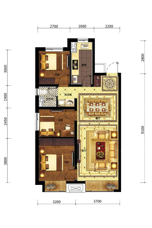 万科翡翠公园100平米户型图-3室2厅1卫1厨建筑面积100.00平米