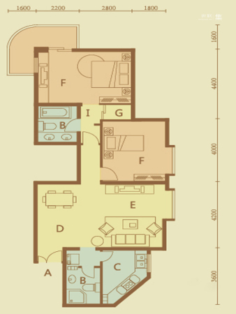 世豪公寓E户型-2室2厅2卫1厨建筑面积119.42平米