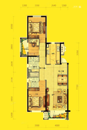 美的城A7户型-3室2厅2卫1厨建筑面积120.44平米