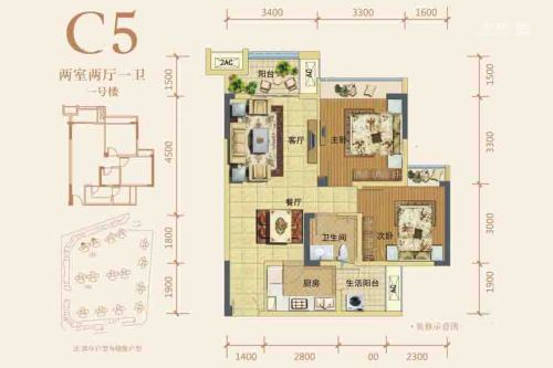 中海外·北岛1号楼C5户型标准层-2室2厅1卫1厨建筑面积70.00平米