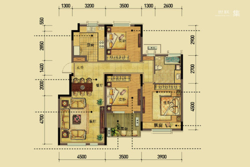 金地檀府洋房中户6F户型-3室2厅1卫1厨建筑面积113.00平米