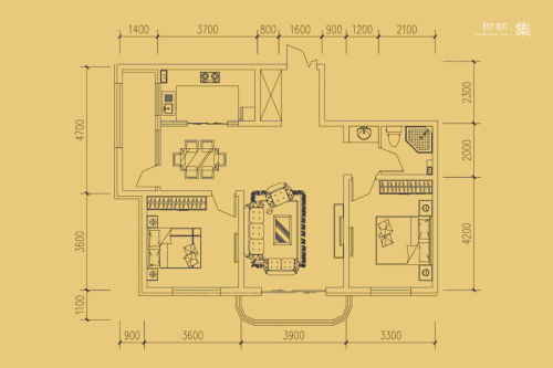 环贸世家6#、7#K户型-2室2厅1卫1厨建筑面积119.00平米