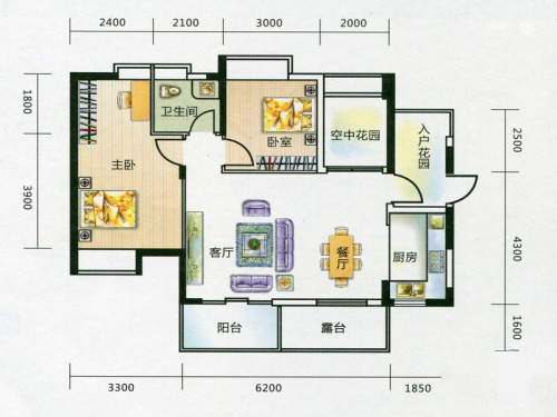 艺海苑A1偶数层户型-2室2厅1卫1厨建筑面积88.29平米