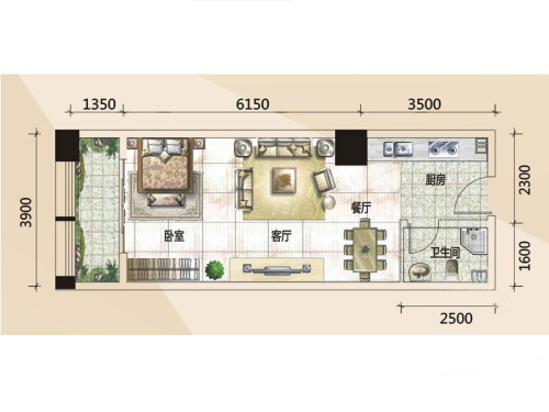 779财富中心C户型-1室2厅1卫1厨建筑面积55.06平米