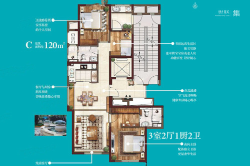 普华浅水湾澜园C户型-3室2厅2卫1厨建筑面积120.00平米