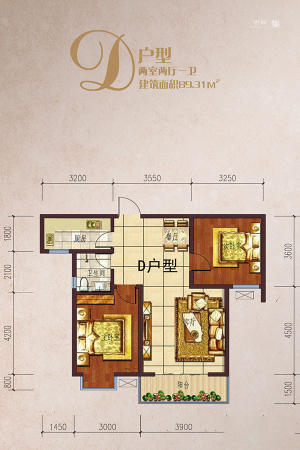 天铭水润新城户型D-2室2厅1卫1厨建筑面积89.31平米