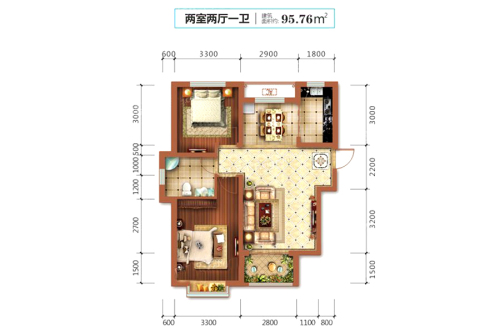 高远尚东城1#A3户型-2室2厅1卫1厨建筑面积95.76平米