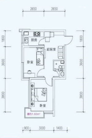海伦堡C座D户型53平-2室1厅1卫1厨建筑面积53.00平米