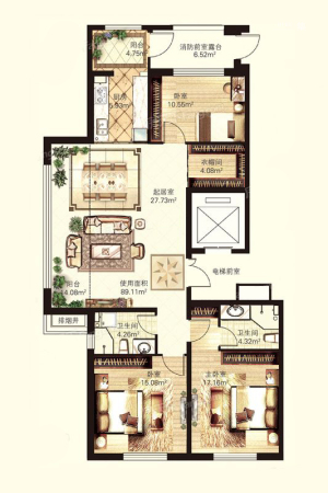 宝宇天邑澜湾B-2户型-3室2厅2卫1厨建筑面积151.70平米