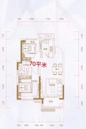 绿地IFC中央公馆77平户型-2室2厅1卫1厨建筑面积77.00平米