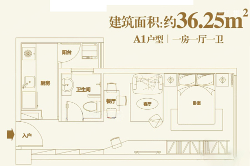 万菱·new寓A1户型-1室1厅1卫1厨建筑面积36.25平米