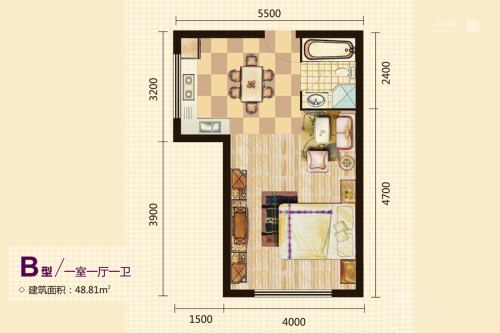 瑞京维多利亚国际公馆B户型-1室1厅1卫1厨建筑面积48.81平米