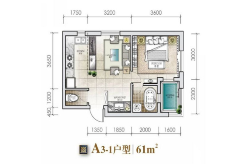 城建·锦泉蓝湾A3-1户型-1室1厅1卫1厨建筑面积61.00平米