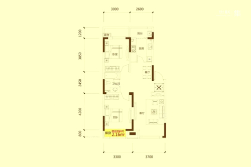 锦城邻里G2户型83.77平-2室2厅1卫1厨建筑面积83.77平米