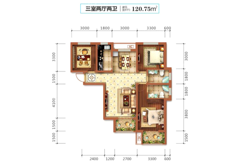 高远尚东城3#5#B1户型-3室2厅2卫1厨建筑面积120.75平米