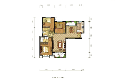 德杰·状元府邸B1户型-3室2厅2卫1厨建筑面积115.75平米