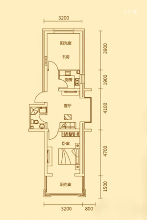 艾格尔e国际G户型-2室1厅1卫1厨建筑面积61.98平米