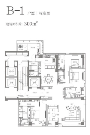 中大国际九号B户型-4室3厅4卫1厨建筑面积309.00平米