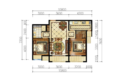 中海金玺公馆88平两居户型-2室2厅1卫1厨建筑面积88.00平米
