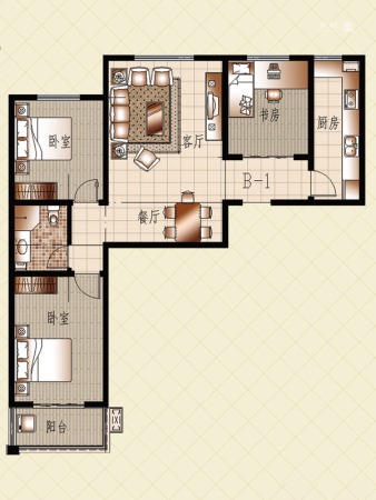 上起澜湾3-4#楼标准层B1户型-3室2厅1卫1厨建筑面积119.45平米