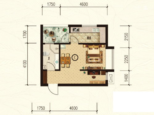 天宁小筑1#6#标准层C户型-1室1厅1卫1厨建筑面积53.76平米