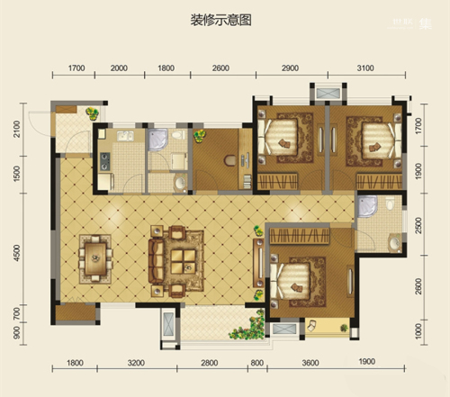 欧尚花园1-4栋标准层A3户型-4室2厅2卫1厨建筑面积125.69平米