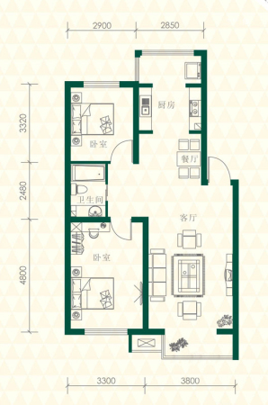 丽江苑L6户型-2室2厅1卫1厨建筑面积87.00平米