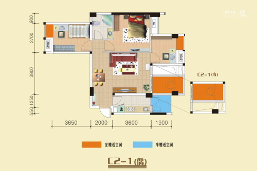 美洲花园棕榈湾119-123#C2-1户型-2室2厅1卫1厨建筑面积88.71平米