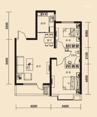 温莎庄园B2户型-2室2厅1卫1厨建筑面积80.75平米