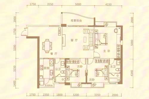 富丽华海御一期1#、2#G户型-3室2厅2卫1厨建筑面积140.98平米