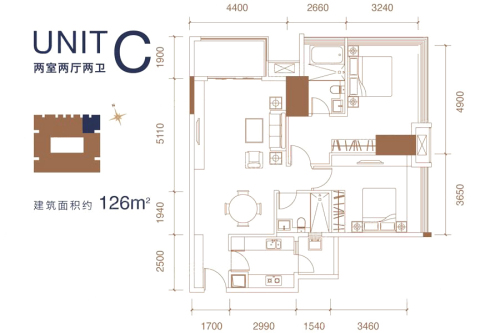 成都ICC天峻1、2号楼C户型标准层-2室2厅2卫1厨建筑面积126.00平米