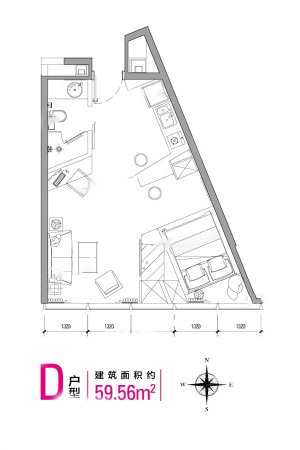 新源蜂巢26-29层公寓D户型图-1室1厅1卫1厨建筑面积59.62平米