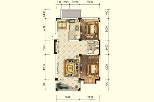 华海·蓝境Y10A户型-2室2厅1卫1厨建筑面积93.32平米