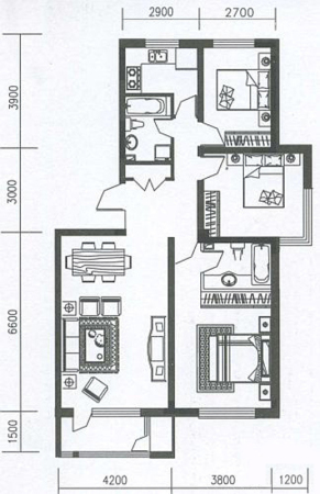 世代龙泽湾E户型-3室2厅1卫1厨建筑面积130.00平米