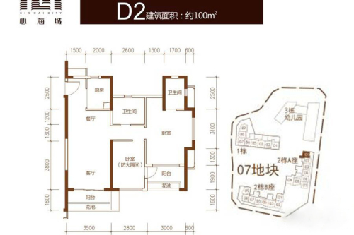 心海城D2户型-2室2厅2卫1厨建筑面积100.00平米