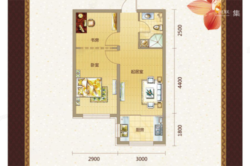 艾格尔e学府B户型-2室1厅1卫1厨建筑面积58.00平米