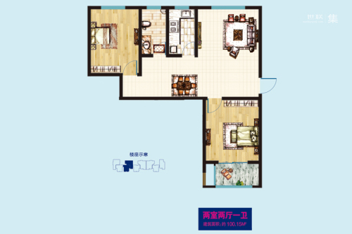 雨荷水岸1号楼标准层C户型-2室2厅1卫1厨建筑面积100.15平米
