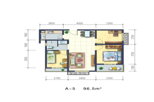 秦沣·悦城天下1、2号楼A5户型-3室2厅1卫1厨建筑面积96.50平米