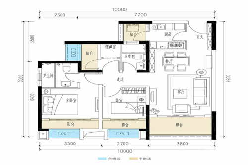 珠江青云台一期1-5号楼标准层D户型-3室2厅2卫1厨建筑面积97.00平米