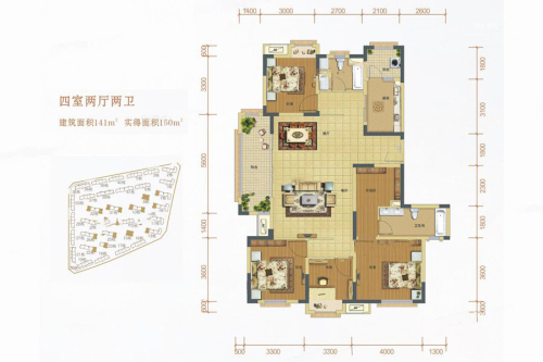 中海外·北岛锦庭组团洋房D户型-4室2厅2卫1厨建筑面积141.00平米
