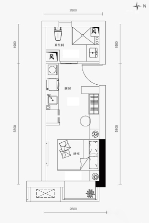 中粮隆玺祥云W-C户型-1室1厅1卫1厨建筑面积31.49平米