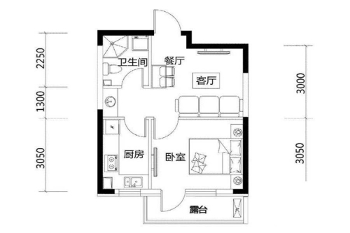 城市玫瑰园一期F3户型48.57平-1室1厅1卫1厨建筑面积48.57平米