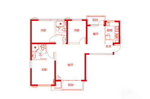 万达城C6栋C1户型-C6栋C1户型-3室2厅2卫1厨建筑面积130.00平米