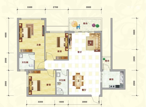 中泰名园9-1-303A户型-3室2厅2卫1厨建筑面积101.01平米