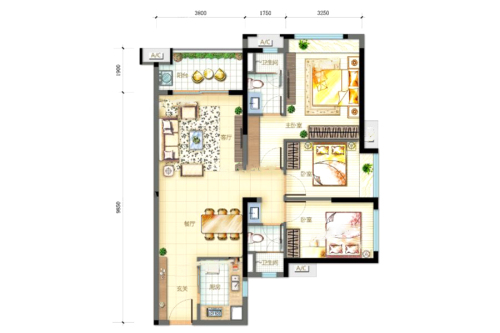 万科金色家园3室2厅2卫1厨建筑面积107.00平米