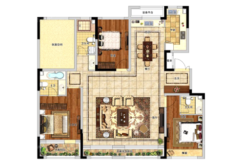 吴中桃花源洋房140㎡标准层户型-4室2厅3卫1厨建筑面积140.00平米