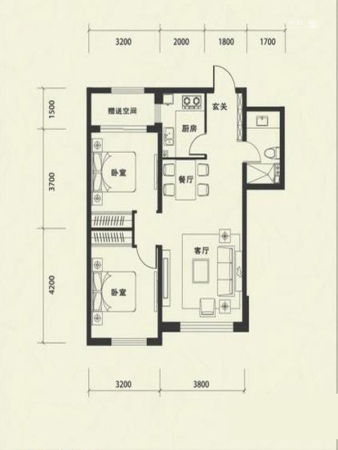 康华·朗香邸F户型-2室2厅1卫1厨建筑面积84.00平米