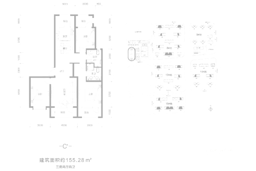 融创中心C'户型-3室2厅2卫1厨建筑面积155.28平米