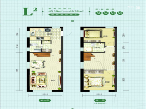 玖城·乐府L2户型-2室2厅2卫1厨建筑面积45.39平米