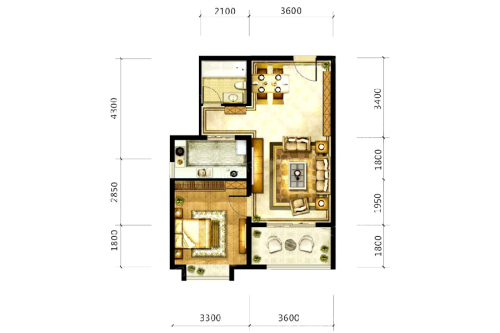 九宫馆2#标准层B户型-1室2厅1卫1厨建筑面积75.92平米
